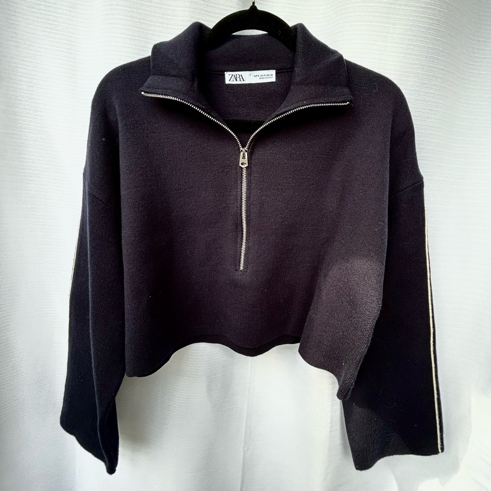 ZARA - Black Cropped Half-Zip Weighted Pullover with Side Stripe